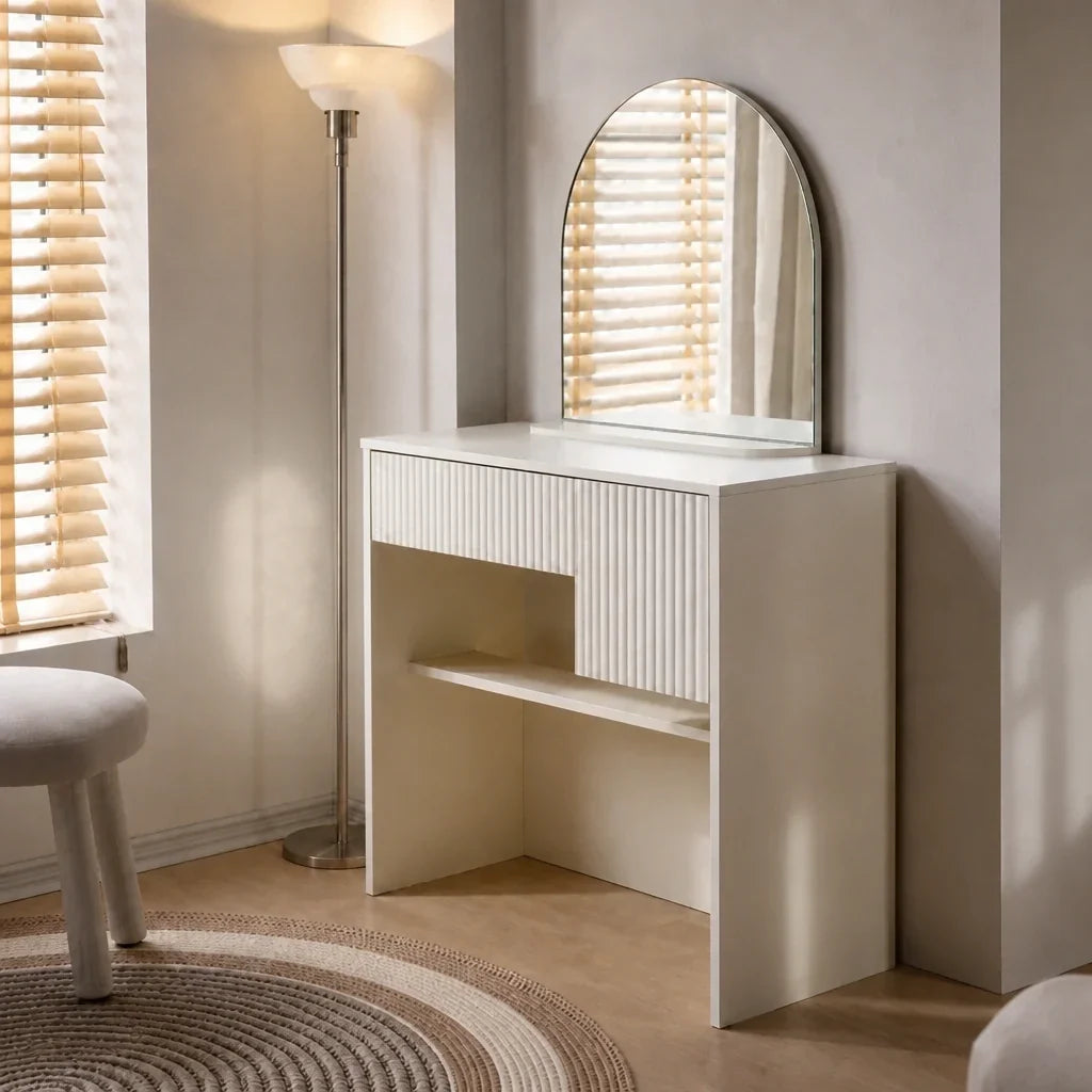 Small Dressing Table with Mirror - Cream White, 90cm