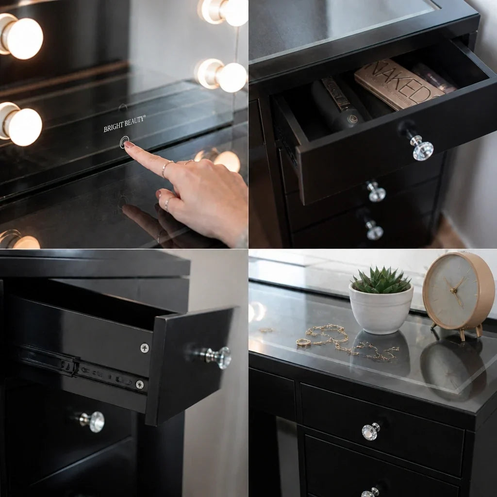 Dressing Table with Mirror and Drawers - Black