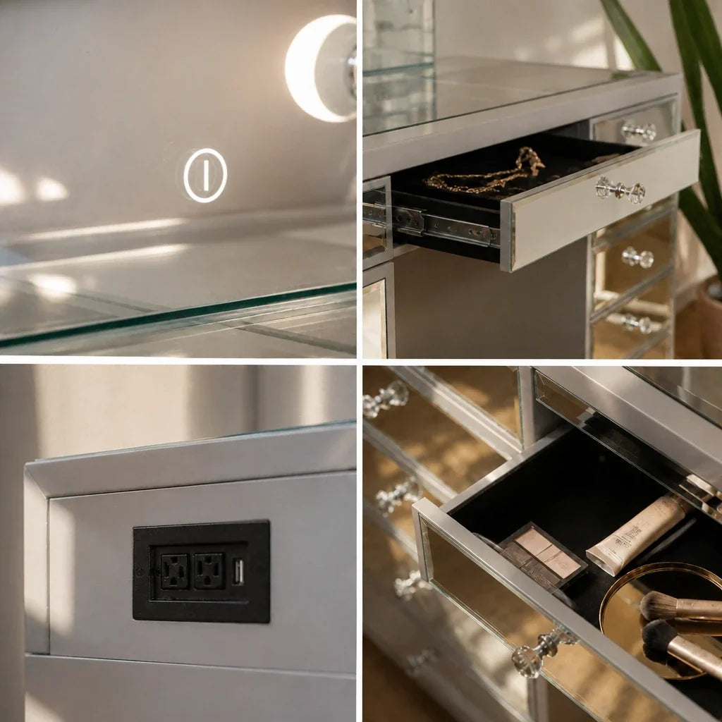 Dressing Table with Mirror and Drawers - Mirrored Finish
