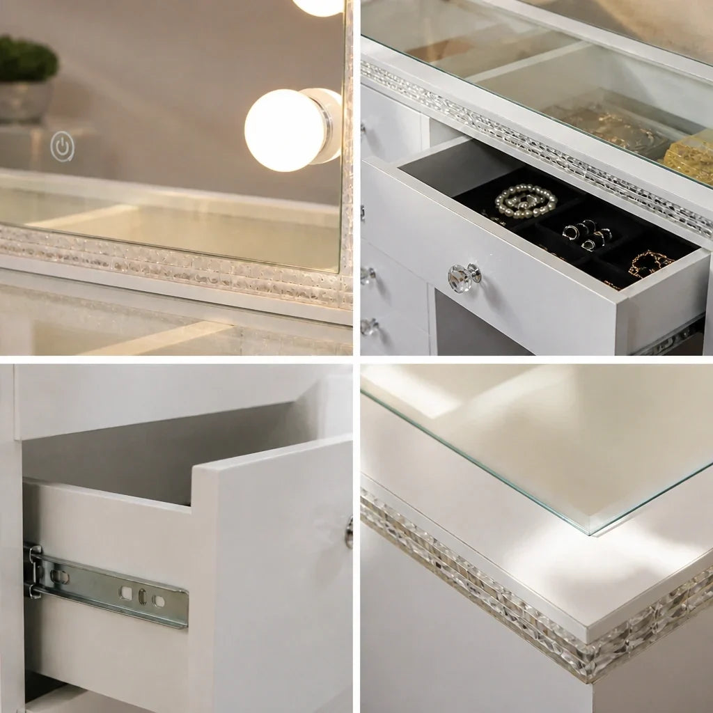 Dressing Table with Mirror and Drawers - White, Crystal