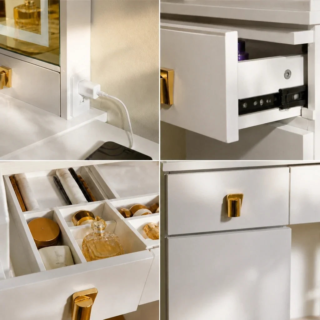 Dressing Table with Mirror and Gold Handles - White, 108cm