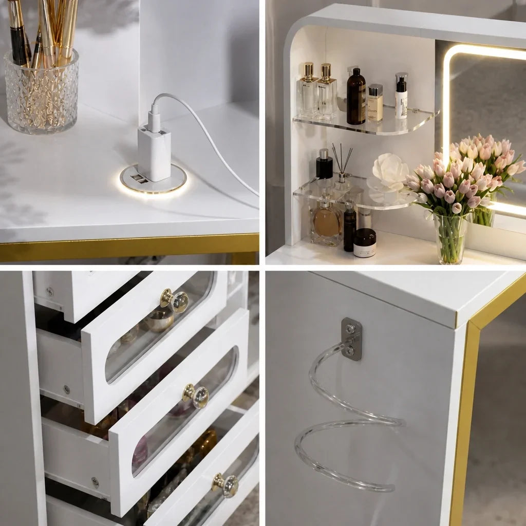Corner Dressing Table with Mirror - Gold Legs, 5 Drawers