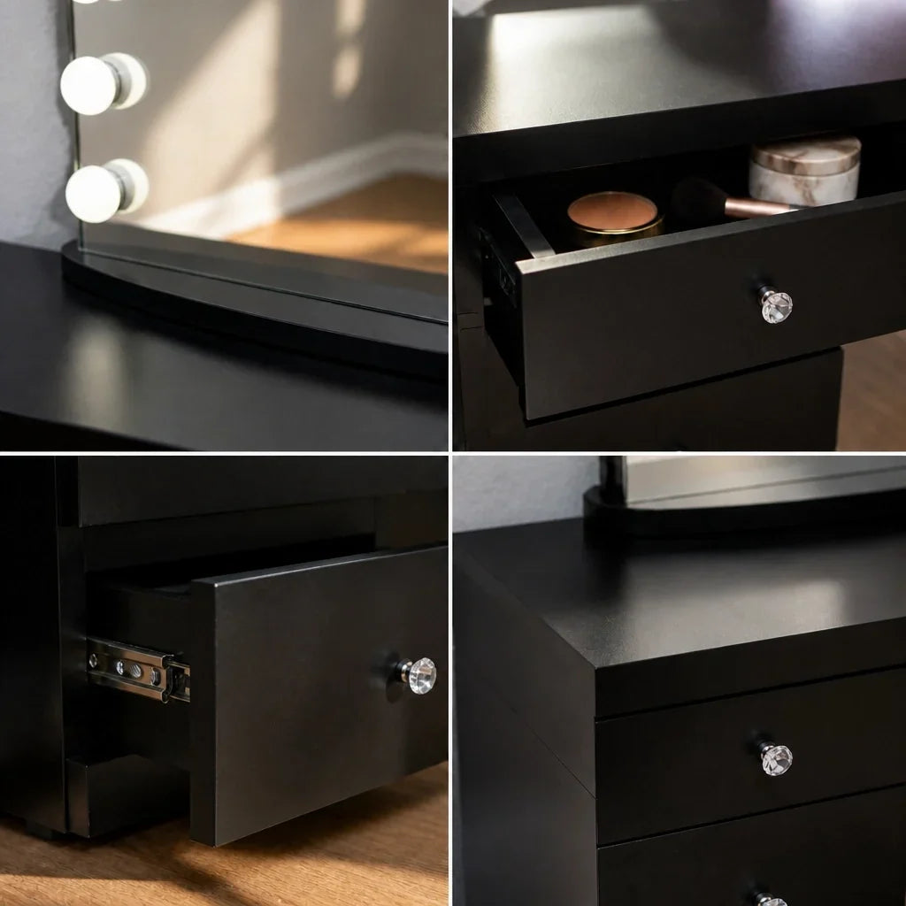 Dressing Table with Mirror and 7 Drawers - Black