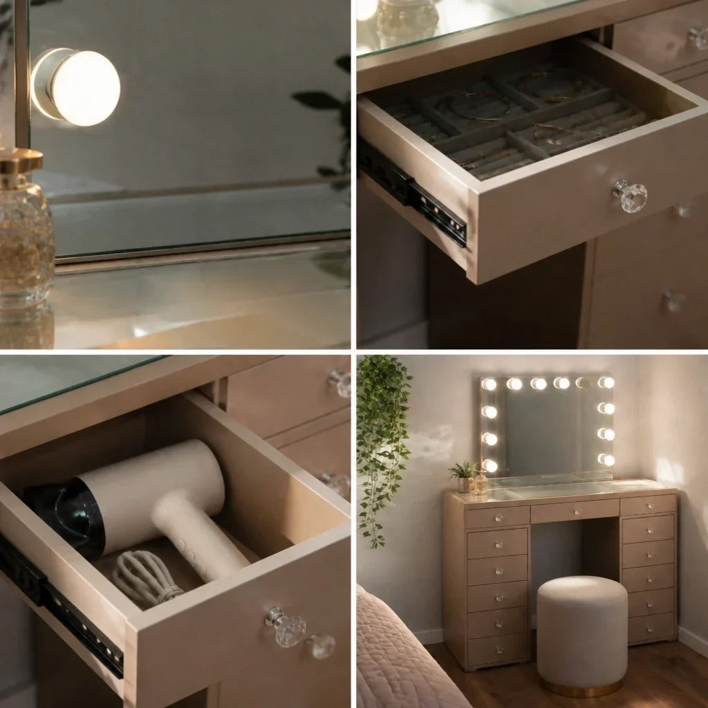 Dressing Table with Mirror and Drawers - Champagne Gold