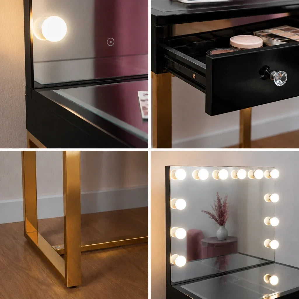 Small Dressing Table with Mirror - Black, Gold Legs