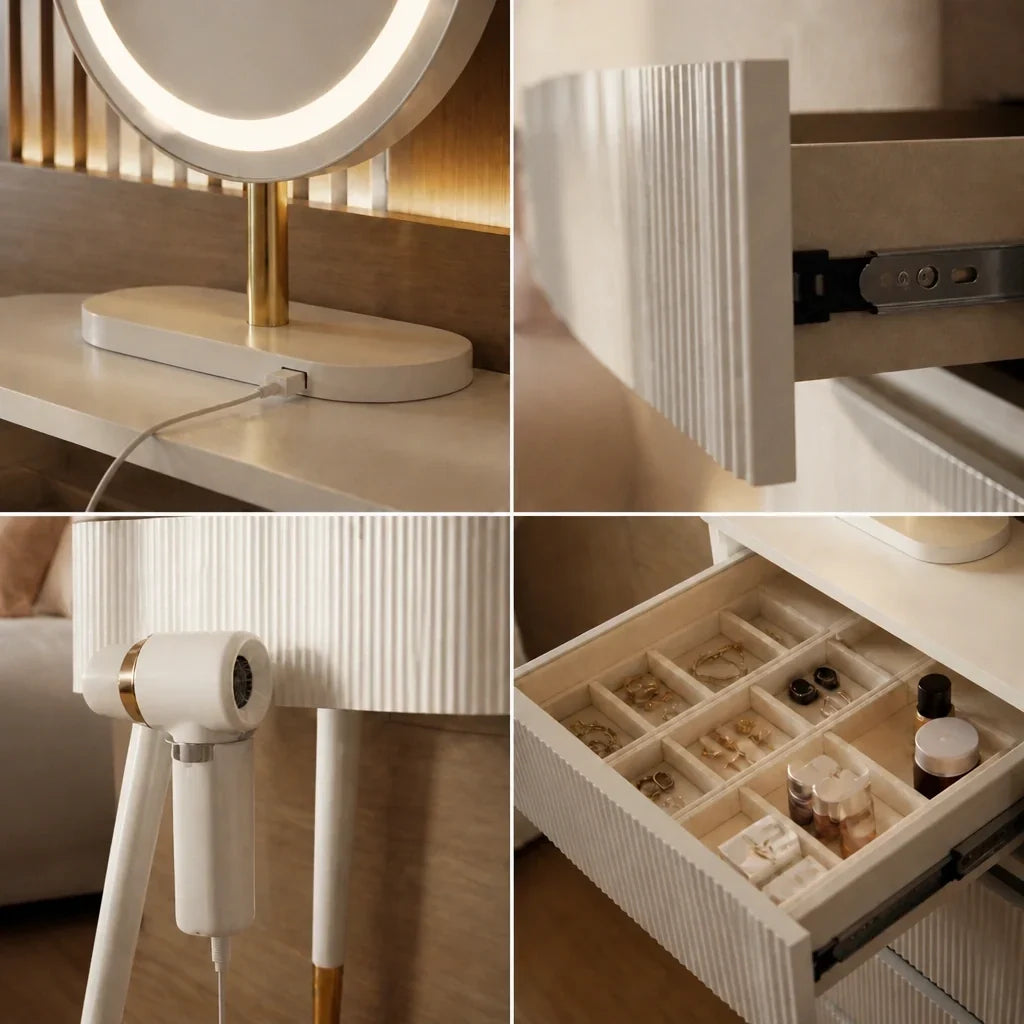 Dressing Table with Mirror - White and Gold, 135cm