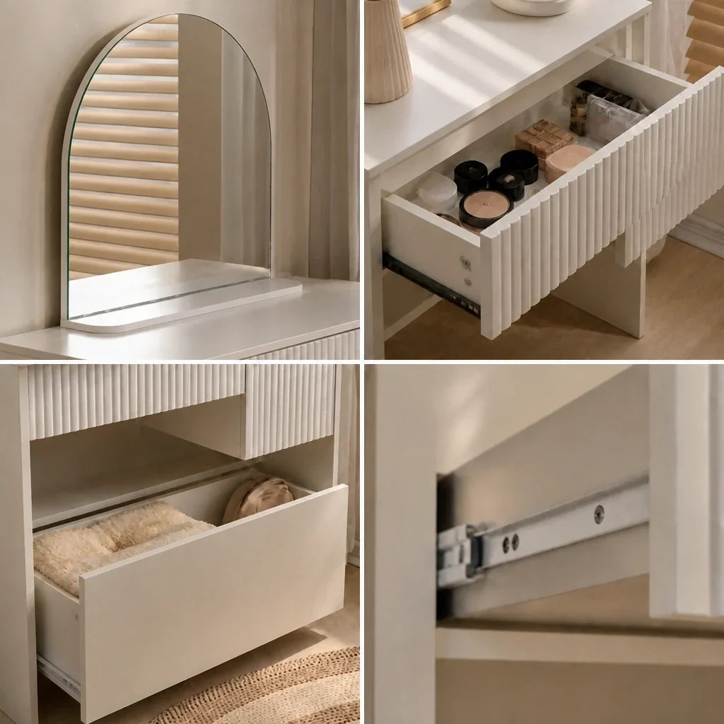Small Dressing Table with Mirror - Cream White, 90cm