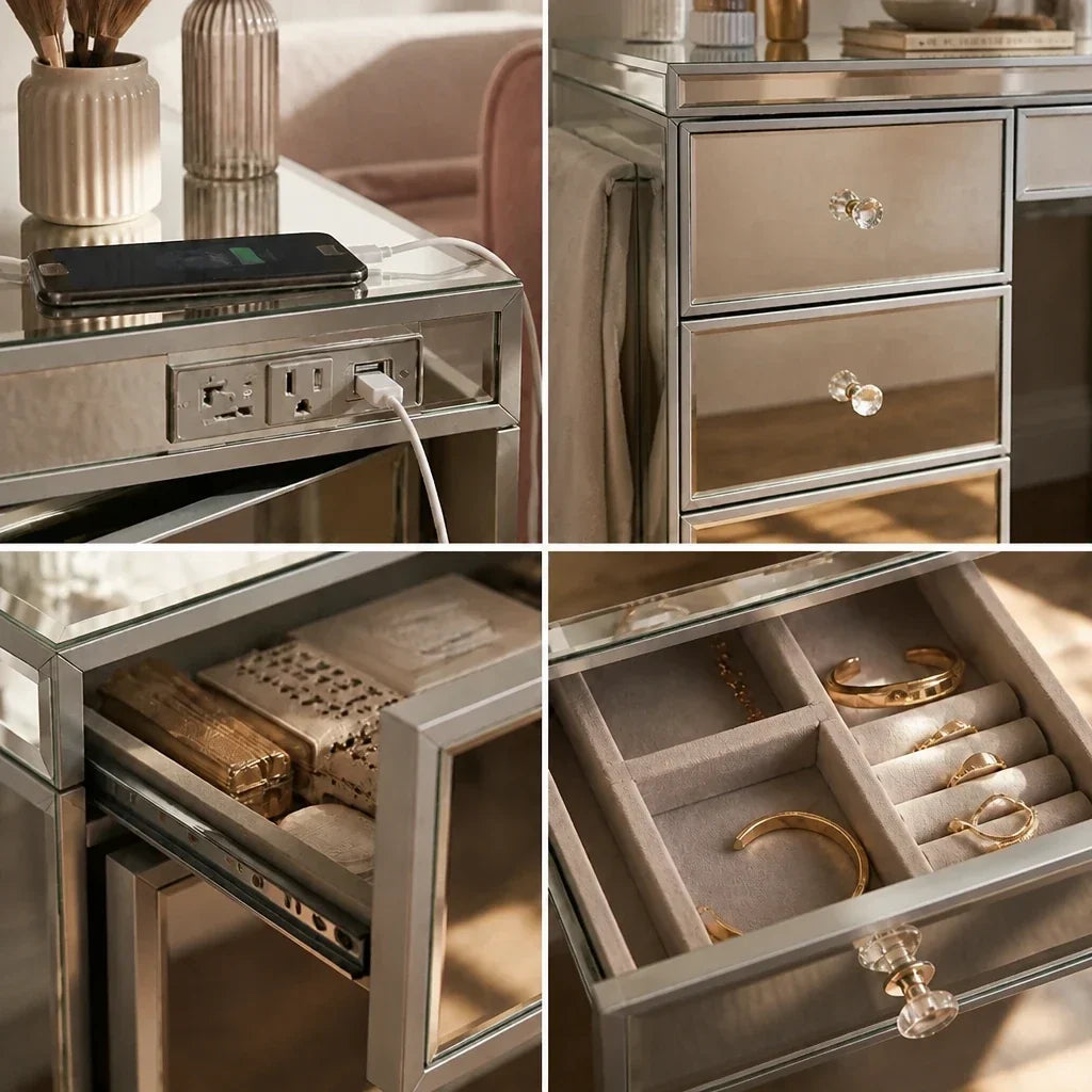 Mirrored Dressing Table with 3 Drawers - Diamond Knobs