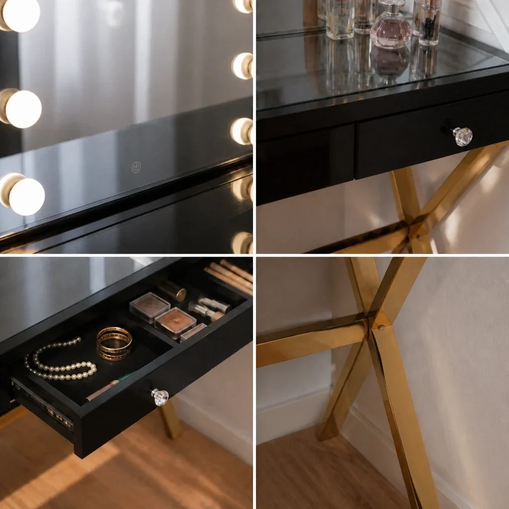 Dressing Table with Mirror - Black Glass Top, Gold Legs