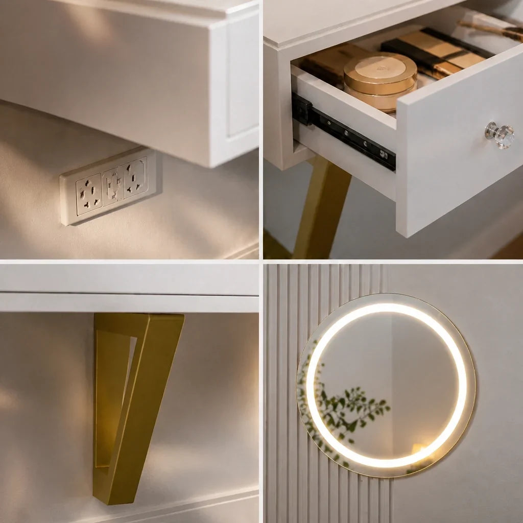 Dressing Table with Wall Mirror - White and Gold, 120cm