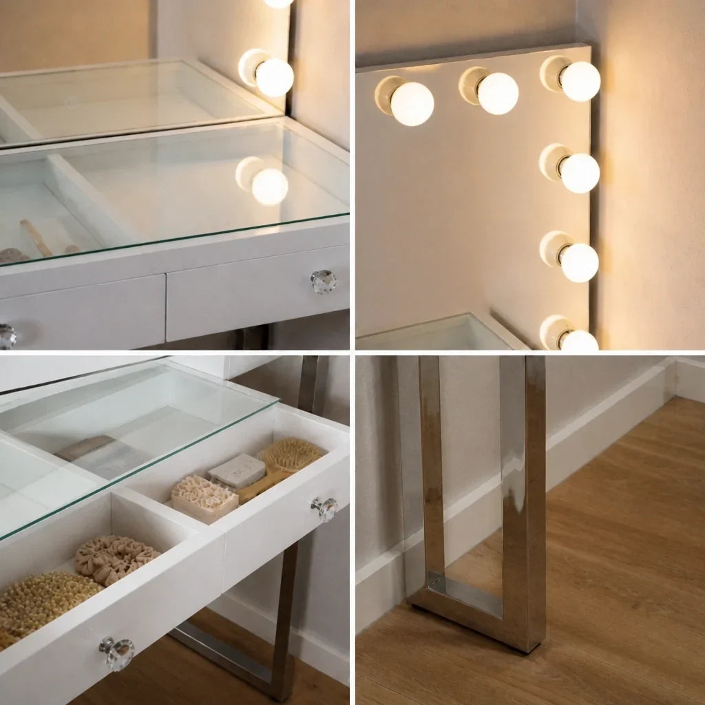 Small Dressing Table with Mirror - White, Chrome Legs
