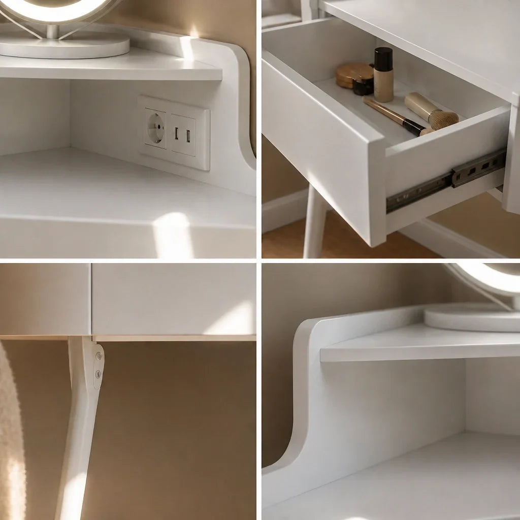 Corner Dressing Table with Mirror - White, 100cm