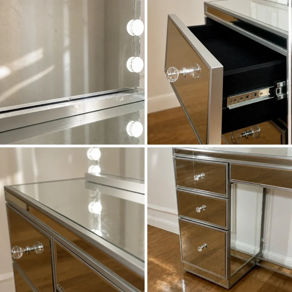 Small Dressing Table with Mirror and 3 Drawers - Mirrored