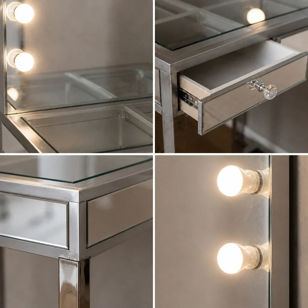 Small Dressing Table with Mirror - Mirrored, Chrome Legs