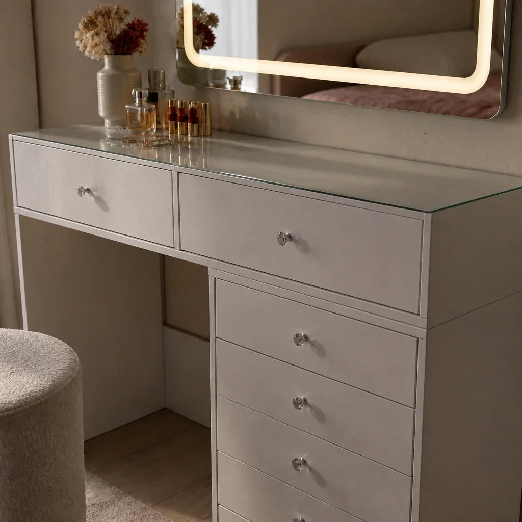 Glass Top Dressing Table with 7 Drawers - White, 120cm