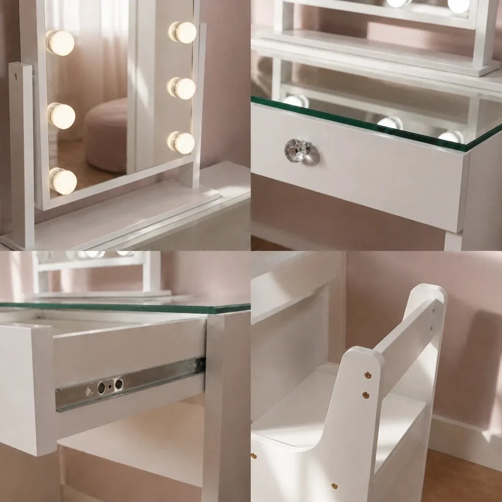 Childrens Dressing Table with Mirror - Glass Top