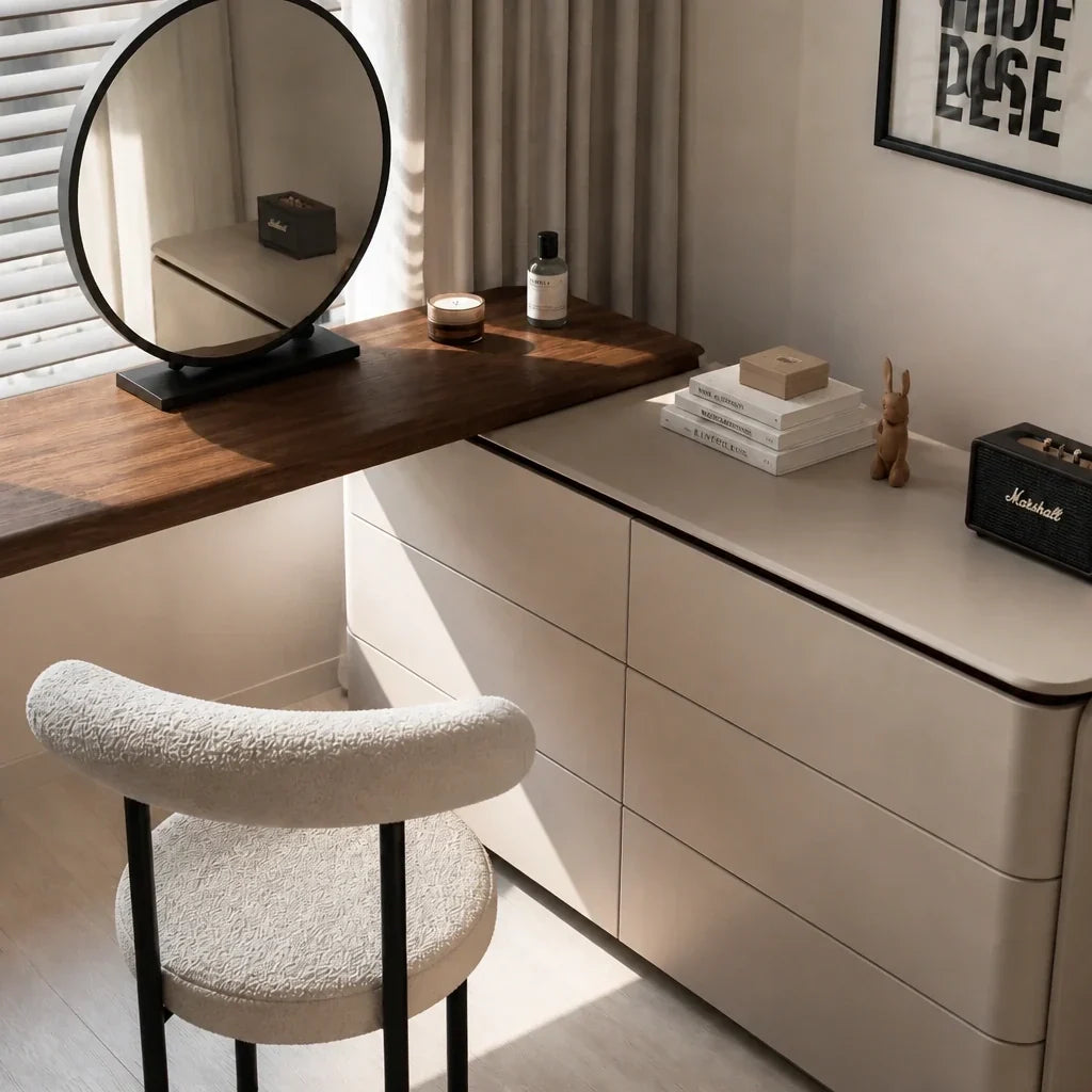 Corner Dressing Table with Mirror - Wooden Top, 120cm