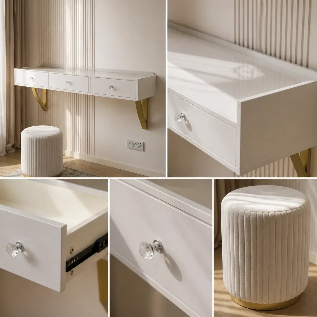 Dressing Table with Wall Mirror - White and Gold, 120cm
