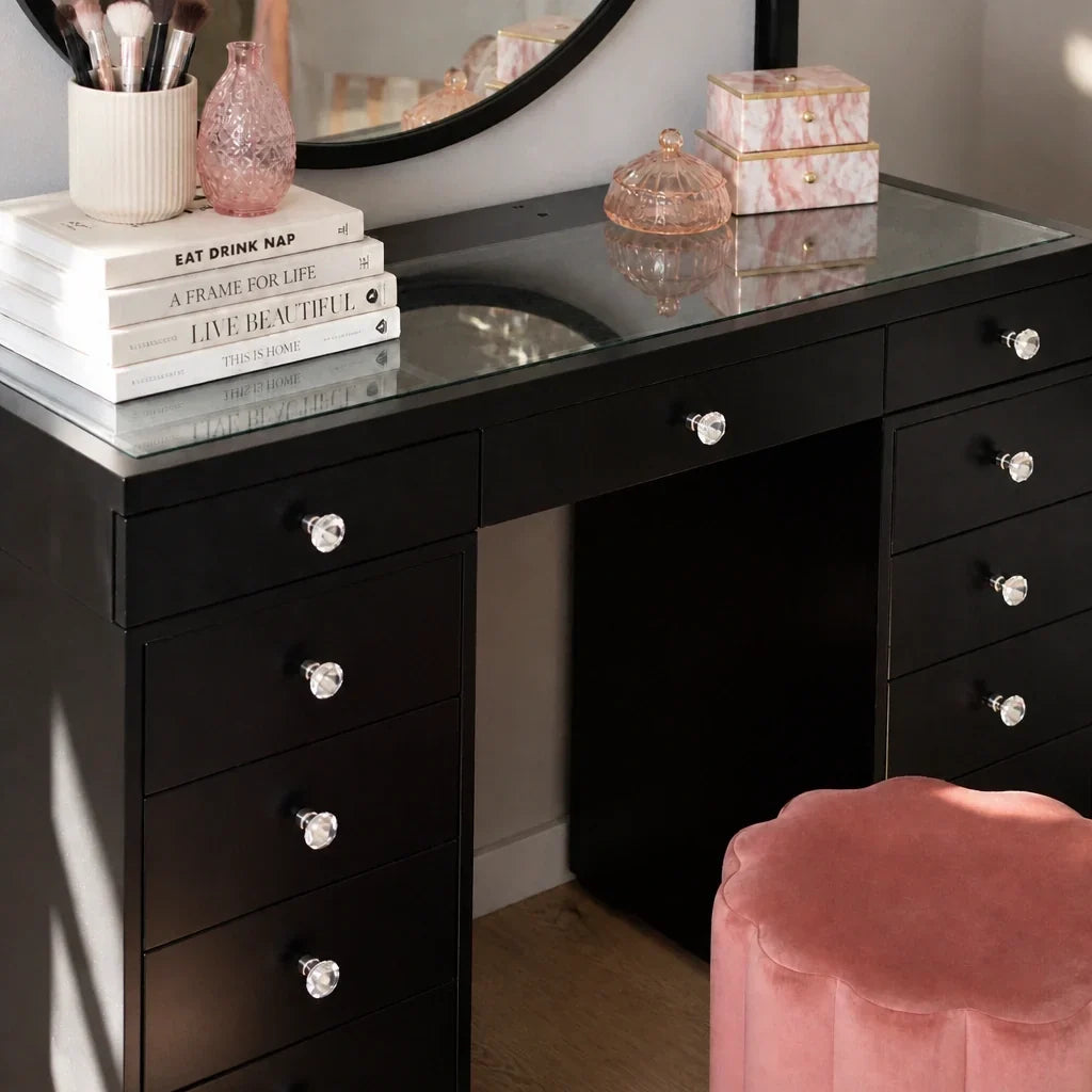 Dressing Table with Drawers - Black, Glass Top