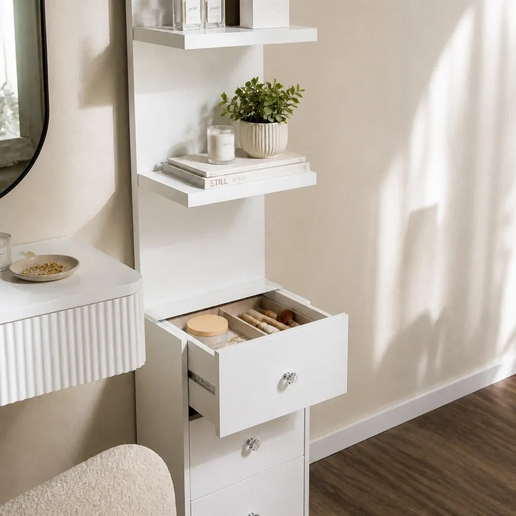 Dressing Table Shelf Unit with 3 Drawers - White
