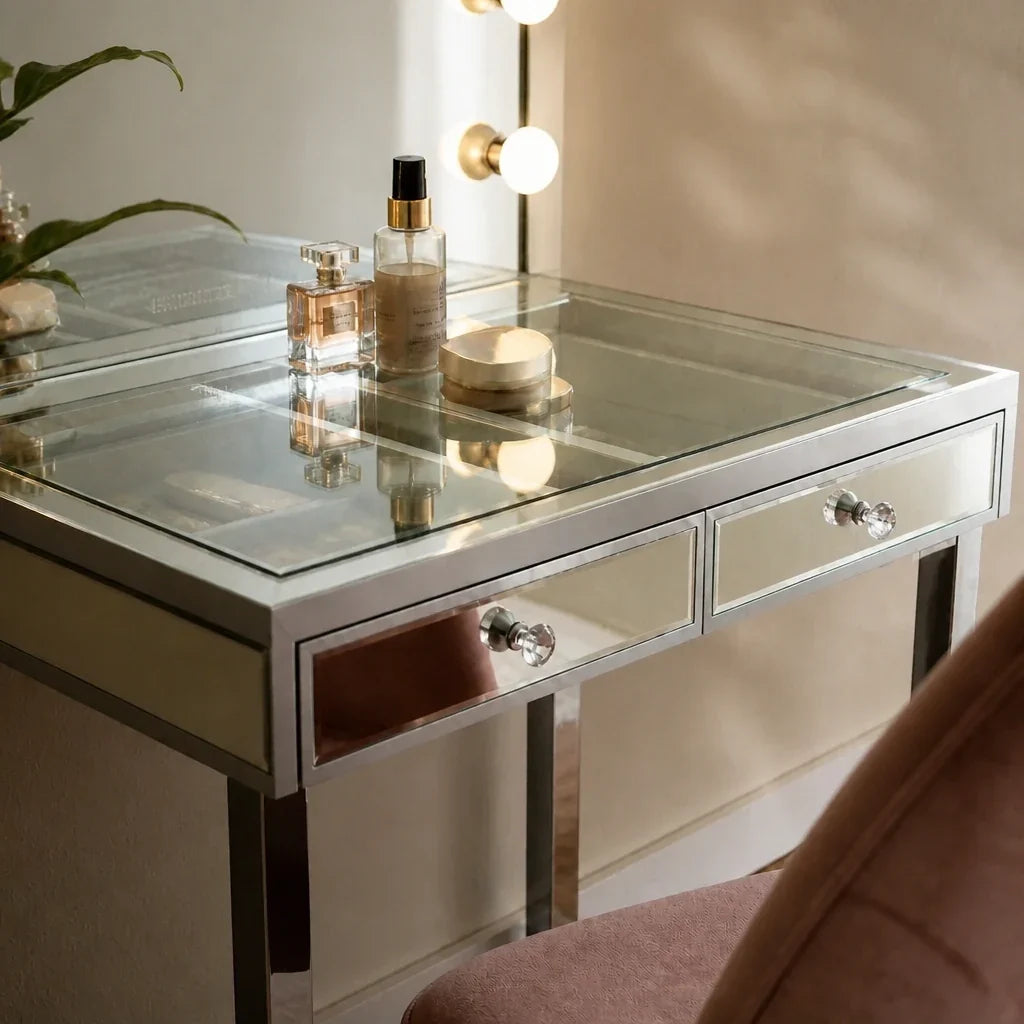 Small Dressing Table with Mirror - Mirrored, Chrome Legs