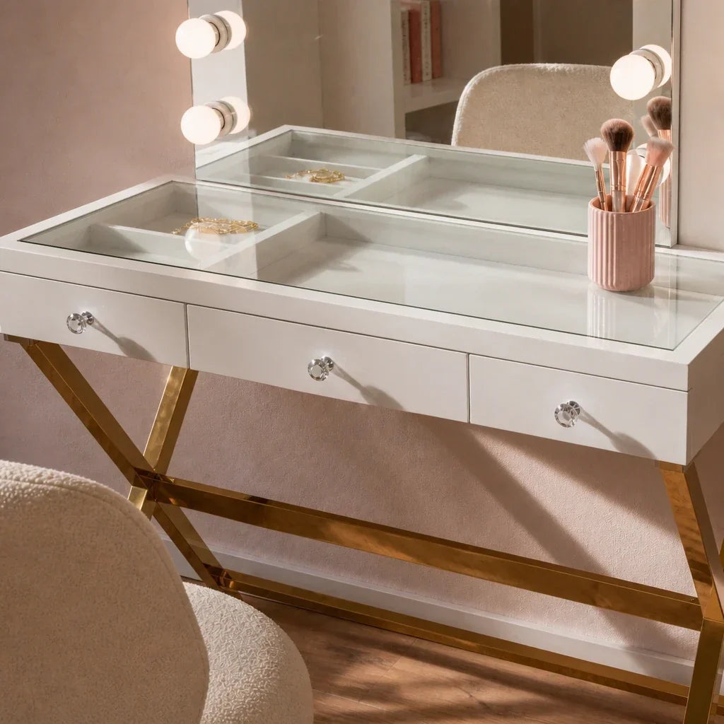 Dressing Table with Mirror - White Glass Top, Gold Legs