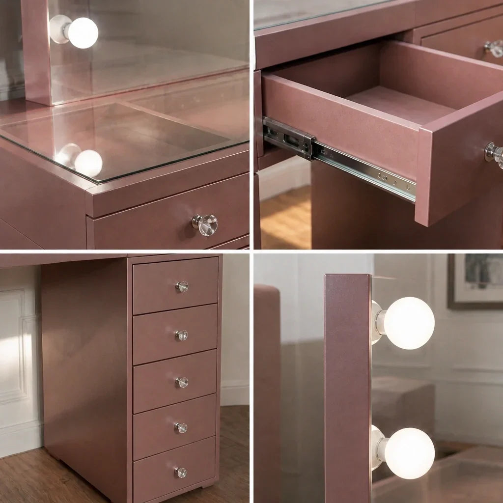 Dressing Table with Mirror and Drawers - Rose Gold