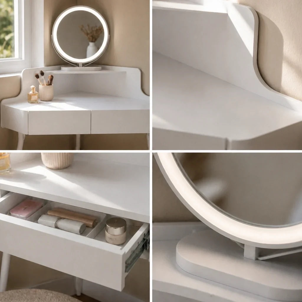 Corner Dressing Table with Mirror - White, 100cm