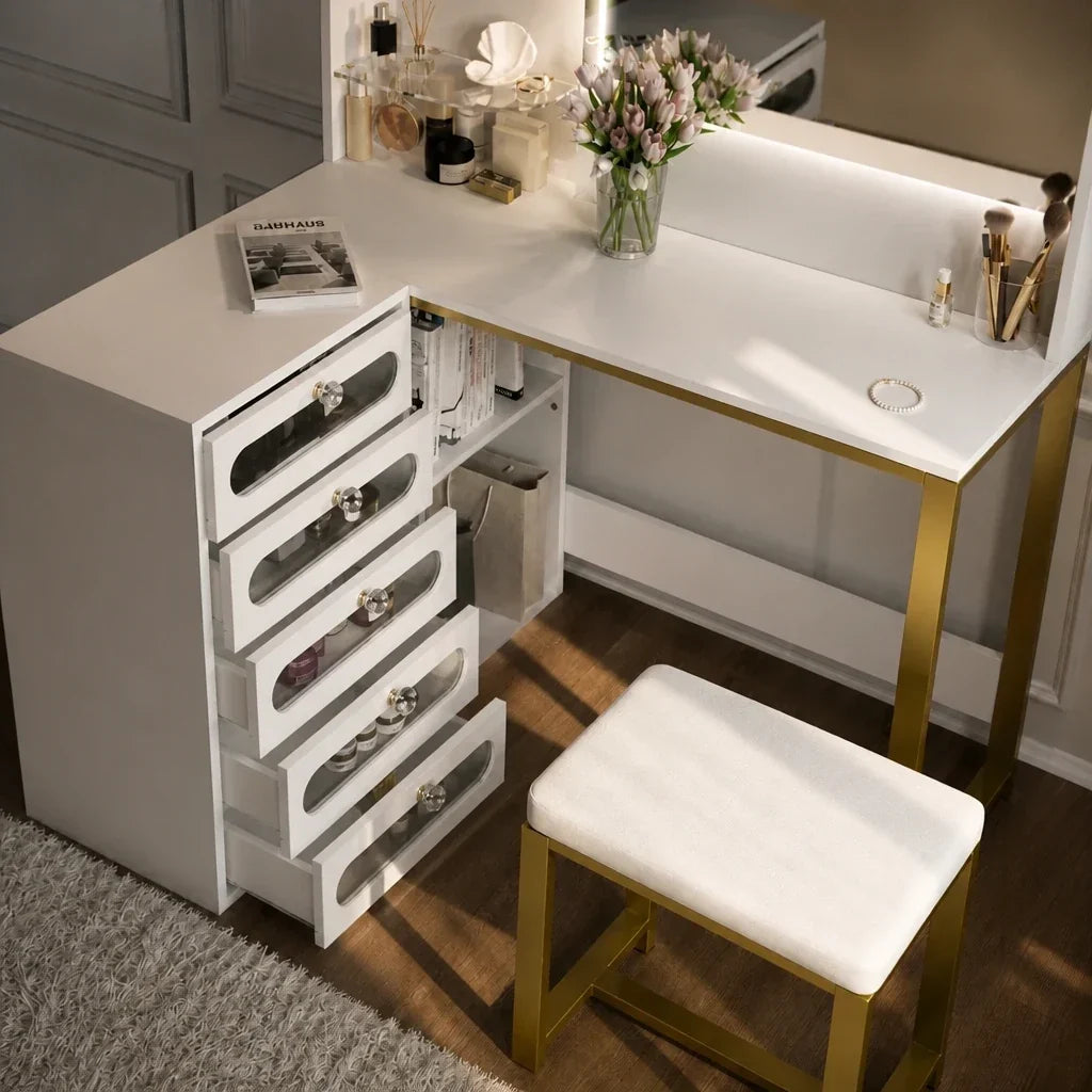 Corner Dressing Table with Mirror - Gold Legs, 5 Drawers
