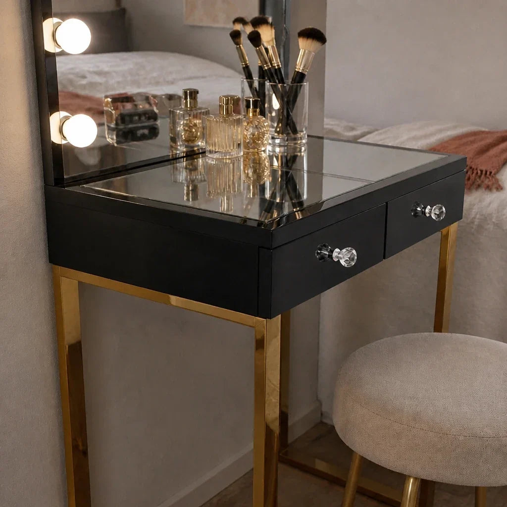 Small Dressing Table with Mirror - Black, Gold Legs