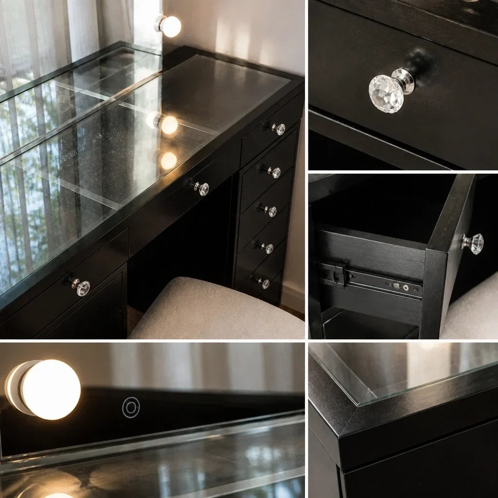 Dressing Table with Mirror and Drawers - Black
