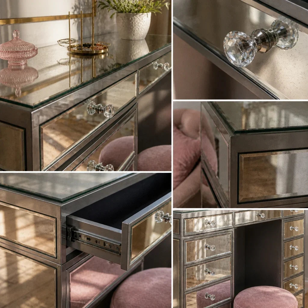 Mirrored Dressing Table with Drawers - Glass Top
