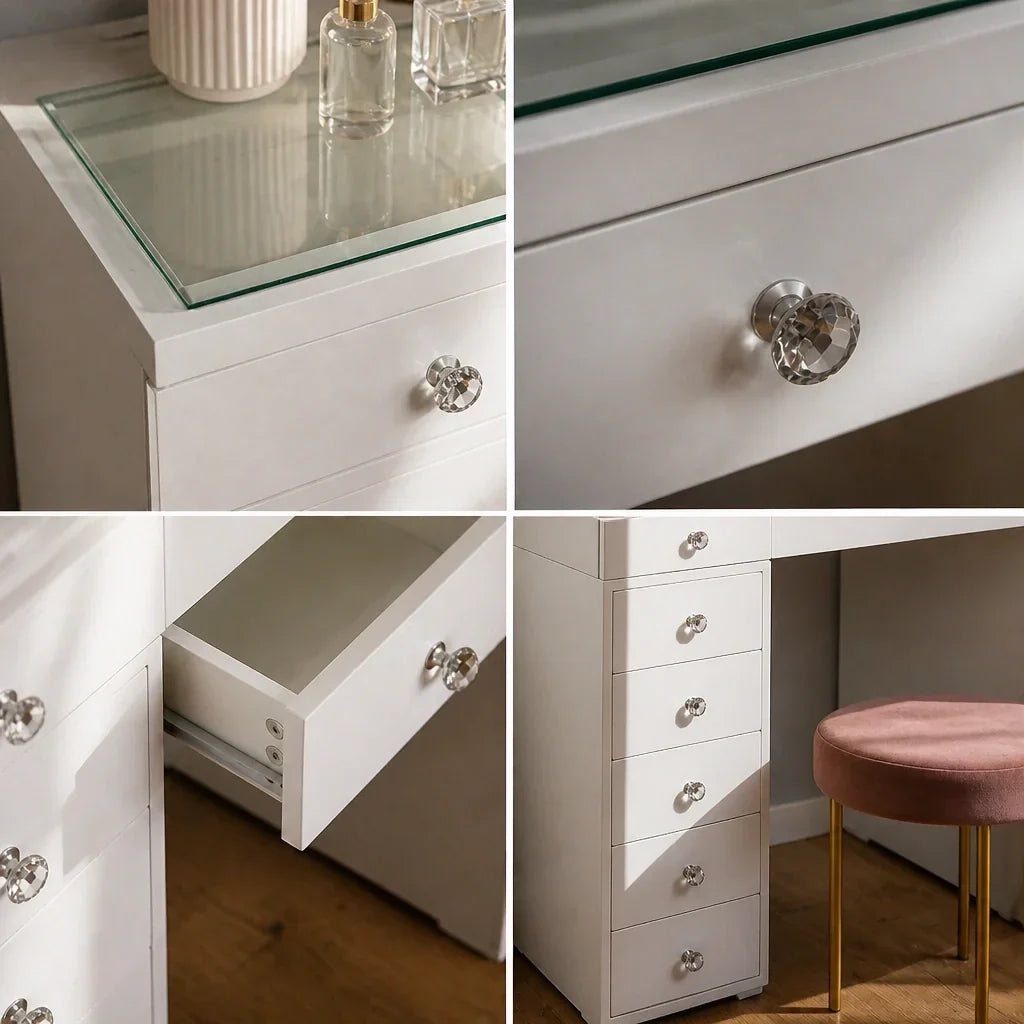 Dressing Table with Drawers - White, Glass Top