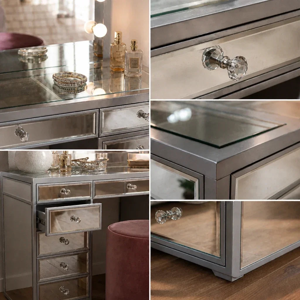 Dressing Table with Mirror and Drawers - Mirrored Finish