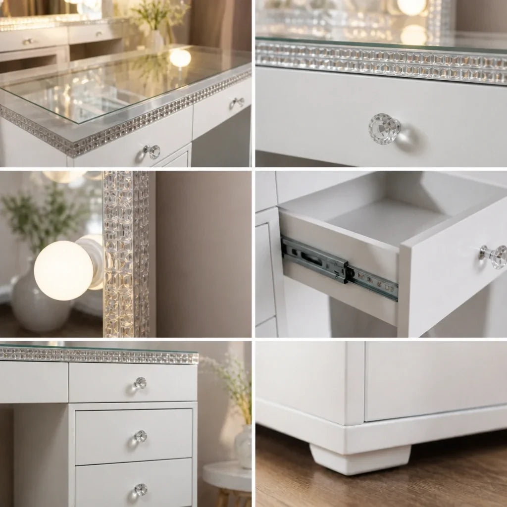 Dressing Table with Mirror and Drawers - White, Crystal